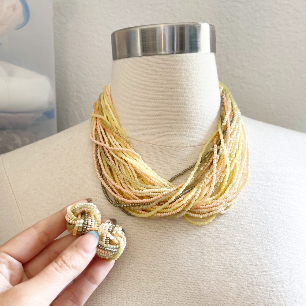 Vintage Multi Strand Seed Bead‎ Necklace and Clip On Earrings Set Peach Sage